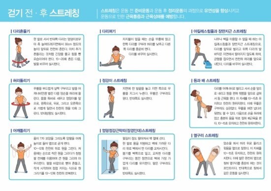 걷기 전후에 할 수 있는 8가지 스트레칭 동작을 설명하는 안내 이미지. 각 동작별로 그림과 함께 다리 들기, 허리 돌리기, 어깨 돌리기, 정강이 스트레칭, 엉덩관절 앞쪽 스트레칭 등 다양한 자세가 소개되어 있다.