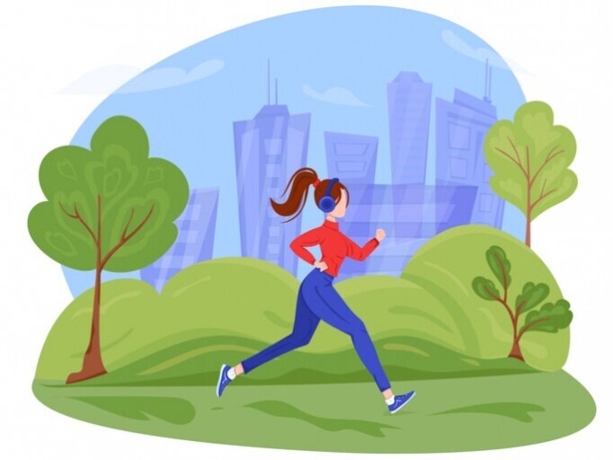 도시 공원에서 헤드폰을 착용한 여성이 조깅을 하고 있다.