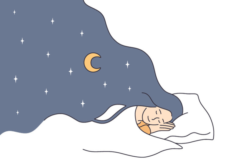 베개에 누워 자는 사람이 밤하늘 무늬(별과 달)가 그려진 이불을 덮고 있는 일러스트