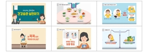 건강습관 실천하기와 관련된 6개의 삽화가 나열되어 있다. 첫 번째는 칠판 앞에서 건강습관 실천하기라고 적혀 있고, 두 번째는 식탁 위에 다양한 음식이 차려진 모습, 세 번째는 올바른 손 씻기 방법을 설명하는 그림, 네 번째는 과체중에 대한 질문이 적힌 이미지, 다섯 번째는 성장 발달 상태를 확인하는 장면, 여섯 번째는 저울 위에 채소와 인스턴트 식품을 비교하는 그림이다.