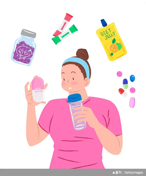 분홍색 옷을 입은 여성이 다이어트 보조제와 물병을 들고 있고, 주변에 여러 종류의 다이어트 관련 제품(알약, 젤리, 가루 등)이 떠 있는 일러스트