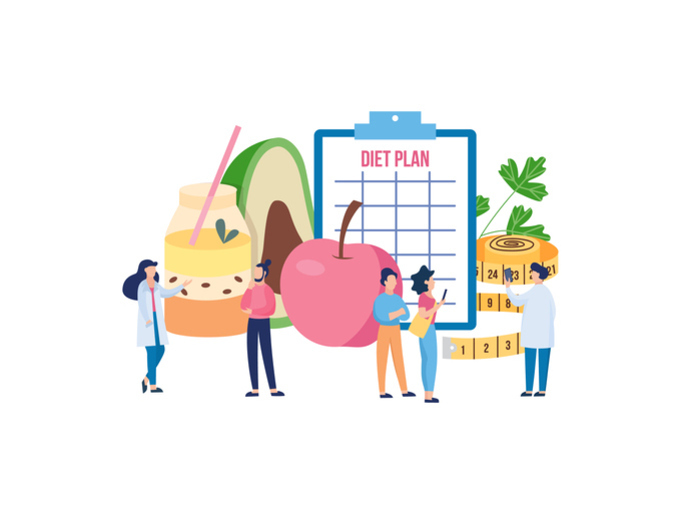 다이어트 플랜을 나타내는 클립보드, 과일, 주스, 줄자, 채소와 여러 사람이 함께 있는 일러스트