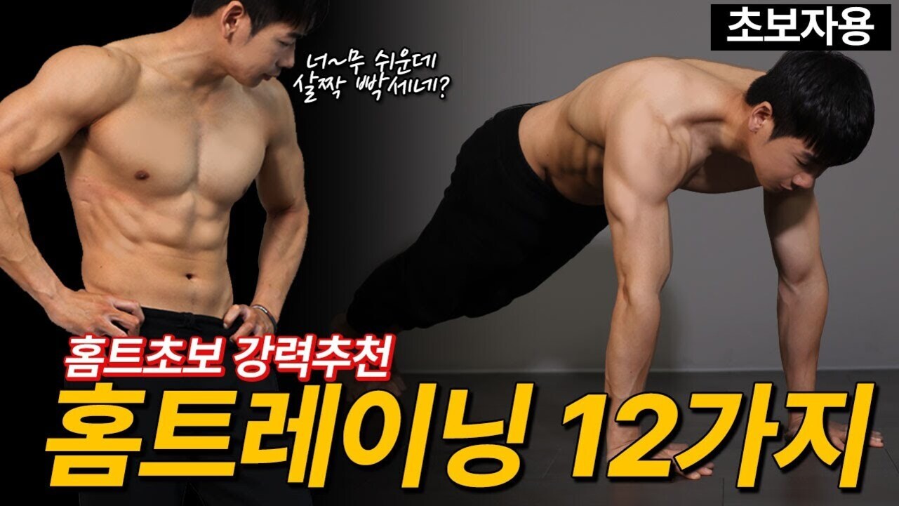 근육질 남성이 상체를 드러내고 운동 자세를 취하는 모습과 함께 '홈트초보 강력추천 홈트레이닝 12가지'라는 문구가 있는 이미지, 오른쪽 상단에는 '초보자용'이라고 적혀 있음.