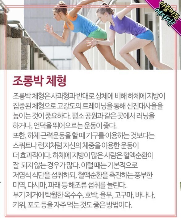 두 명의 여성이 운동복을 입고 달리기 자세를 취하고 있으며, 아래에는 '조롱박 체형'에 관한 설명과 하체 지방 관리 및 추천 운동, 식단에 대한 정보가 적혀 있다.